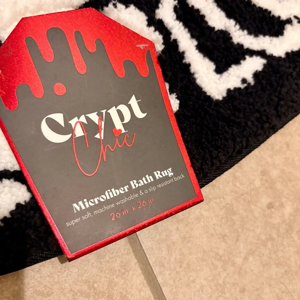 Crypt Chic Skeleton Heart Microfiber Bath Rug Black White Gothic Halloween